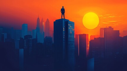 Fototapeta premium Silhouette of a businessman standing on the top building on sunses