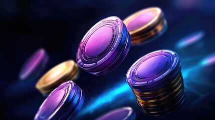 Dynamic casino chip action virtual gaming environment digital artwork futuristic vibe colorful display
