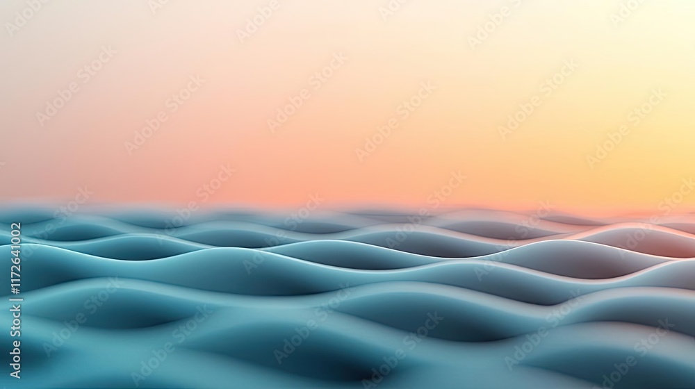 Poster Smoke abstract background idea. Serene waves in soft blue tones merging with a warm gradient sky at sunset.