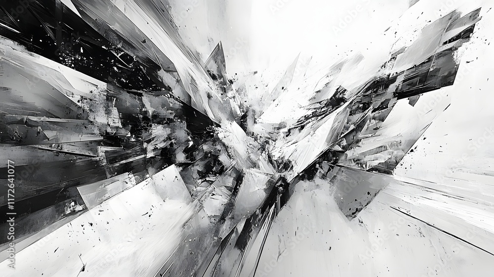 Poster abstract black and white backgrounds. a dynamic digital painting showcasing fractured geometric form