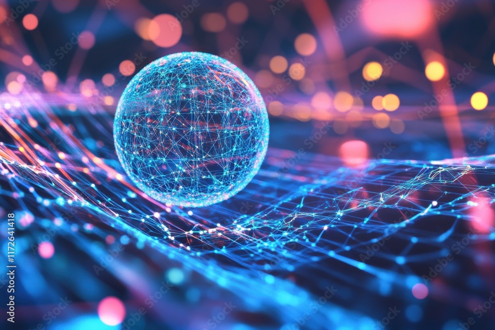 Poster glowing network sphere and vibrant patterns depict digital technology
