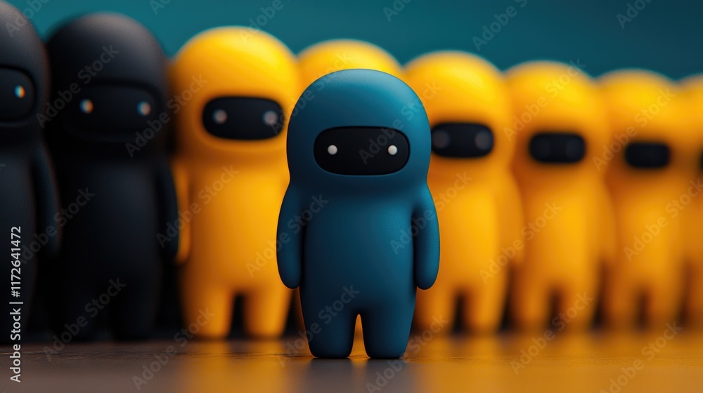 Poster colorful character gathering abstract setting digital art minimalist environment front view playful 