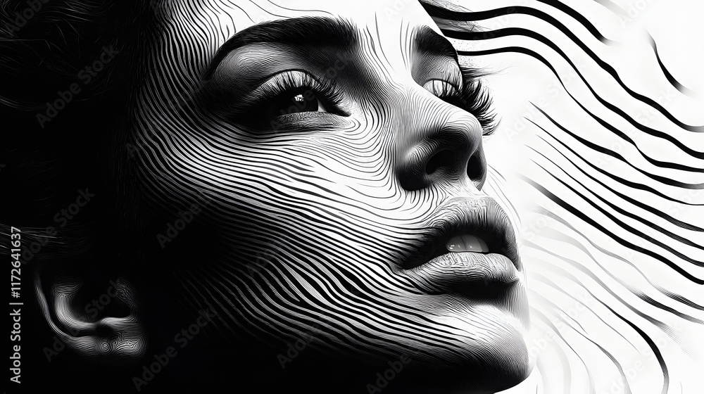 Aufkleber Abstract Black and White Backgrounds. A striking black and white portrait of a woman. The image features strong lines and shadows creating a captivating visual effect.