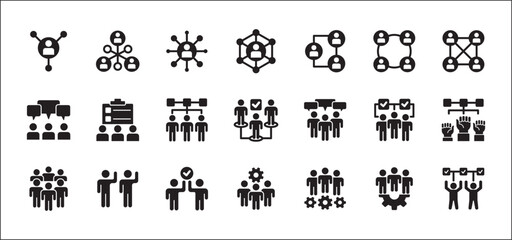 Business teamwork and connection vector icon set. Business network icons. Contains symbol icons of connection, collaboration, management, team, group, relationship, leadership, deliberation, forum.