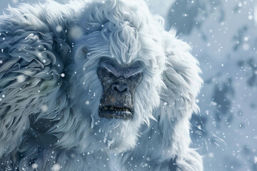 Huge fantasy hairy yeti character in beautiful outdoor nature color, abstract vivid composition consists of fictional unreal fantastic vision on background