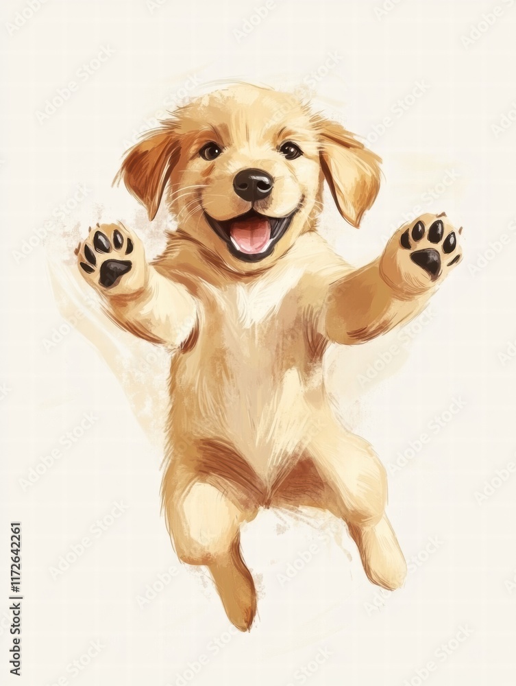 Poster joyful puppy jumps with excitement in a playful, bright atmosphere surrounded by a light background.