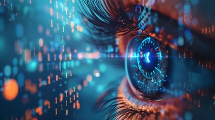 Close-up Human Eye with Digital Binary Code Overlay and Futuristic Glow