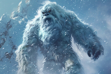 Huge fantasy hairy yeti character in beautiful outdoor nature color, abstract vivid composition consists of fictional unreal fantastic vision on background