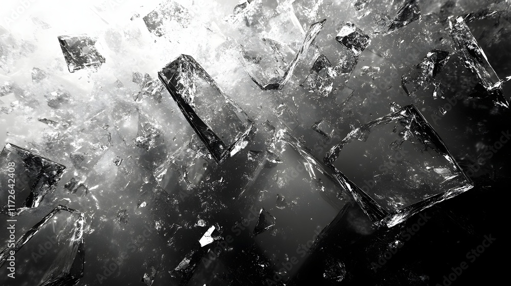Poster Abstract Black and White Backgrounds. Abstract monochrome image of shattered ice crystals. Sharp edges and grayscale tones create a dramatic visual.