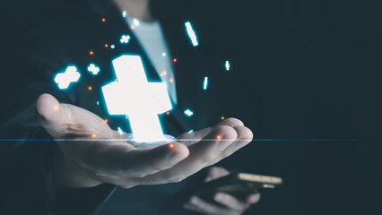plus sign icon floating in the air on hand It symbolizes the introduction of positive elements such as personal development, social profit, health insurance and a growth mindset.