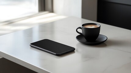 14. Modern desk setup with a smartphone, a black coffee cup, and a smooth surface, creating a minimalist look