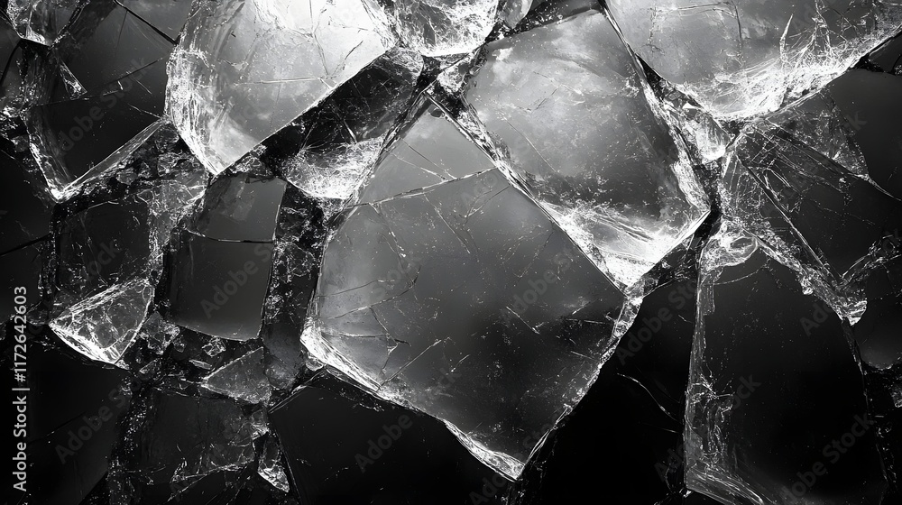 Poster abstract black and white backgrounds. a close-up shot of shattered glass, showcasing the intricate p