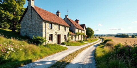 Fototapeta premium Stone Cottages on a Gravel Driveway, Surrounded by Lush Grass and a Rolling Landscape