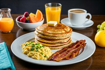 A hearty breakfast platter with pancakes, bacon, scrambled eggs, fruit, and drinks.