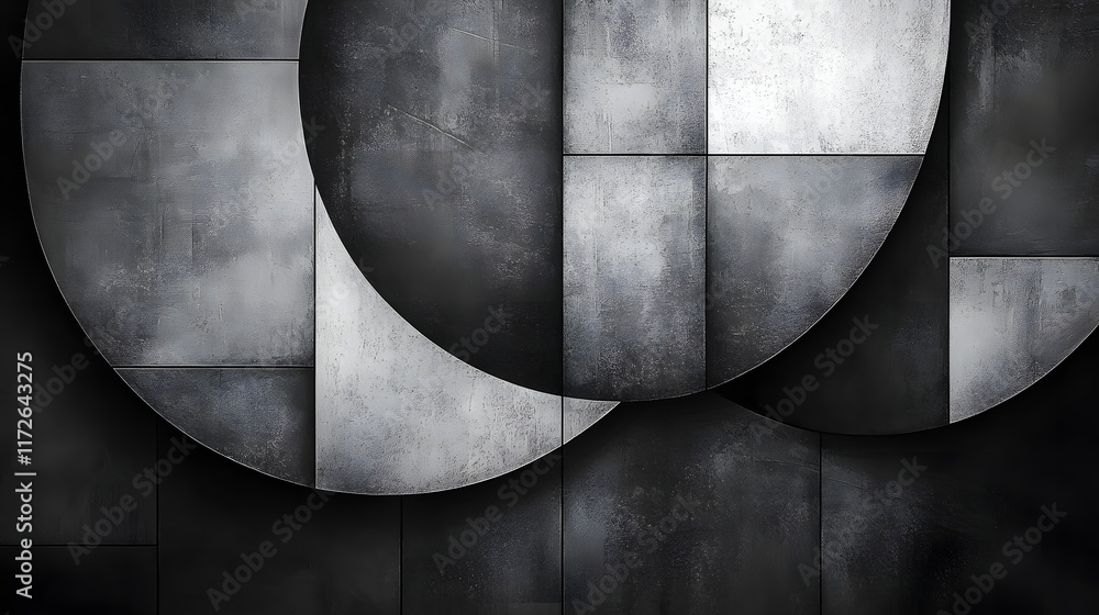 Aufkleber Abstract Black and White Backgrounds. A grayscale abstract image featuring overlapping circles and squares, showcasing varying textures and creating a visually interesting composition.