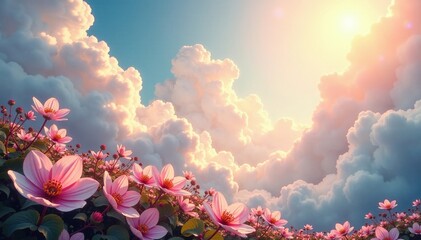 Fototapeta premium wispy cloud tendrils entwine delicate flowers, dreamy, serene landscape