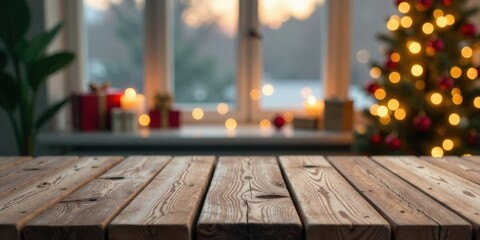 Rustic wooden table in front of a blurred winter holiday scene with a decorated tree and presents