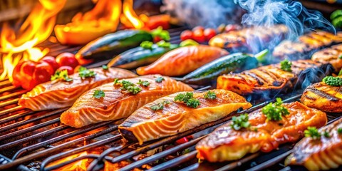 Fototapeta premium Delicious grilled seafood and salmon await at our open-air market.