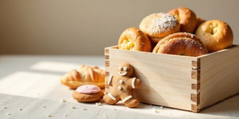 Delightful assortment of baked goods in a wooden box with a gingerbread man