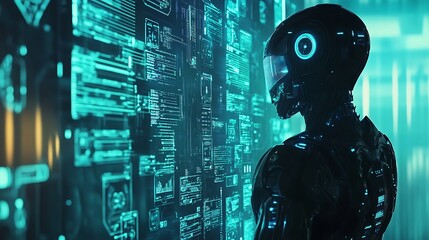 20. Humanoid robot with digital data holograms and virtual interface showing a futuristic tech world