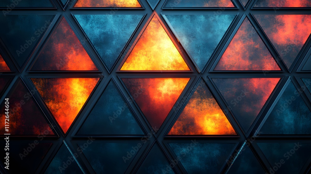 Poster fiery and icy abstract triangles pattern. glowing dark textured modern art.