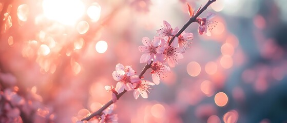 Cherry blossom tree in full bloom with soft pink petals illuminated by warm sunlight in a serene spring atmosphere, Macro photo of lovely pink almond blossoms against a copy space 