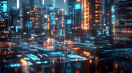 14. AI interface showing robot interaction with digital data, futuristic cityscape in the distance