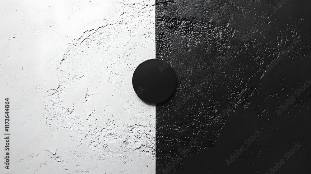 Poster abstract black and white backgrounds. a minimalist image featuring a black circle on a split backgro