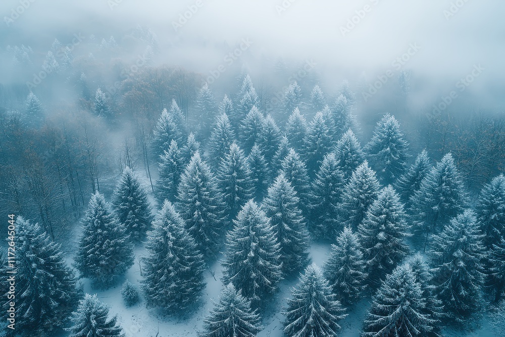 Poster serene winter landscape with snow-covered trees and fog in a tranquil forest setting