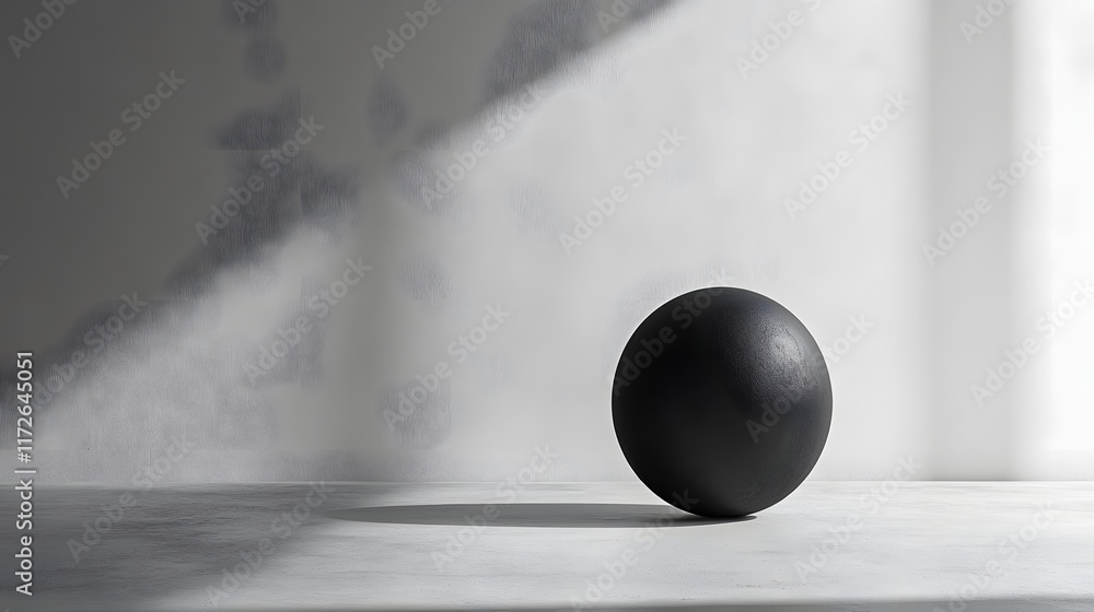 Poster abstract black and white backgrounds. a black sphere sits on a white surface, illuminated by a soft 