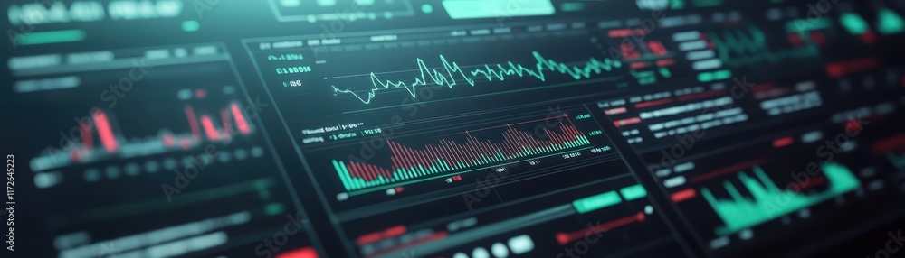 Poster analyzing market trends, deciphering the green and red chart on a computer screen for effective inve