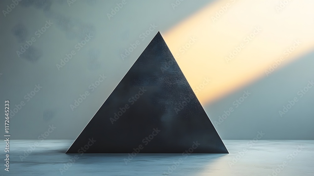 Poster abstract black and white backgrounds. a dark pyramid sits on a light surface, illuminated by a singl