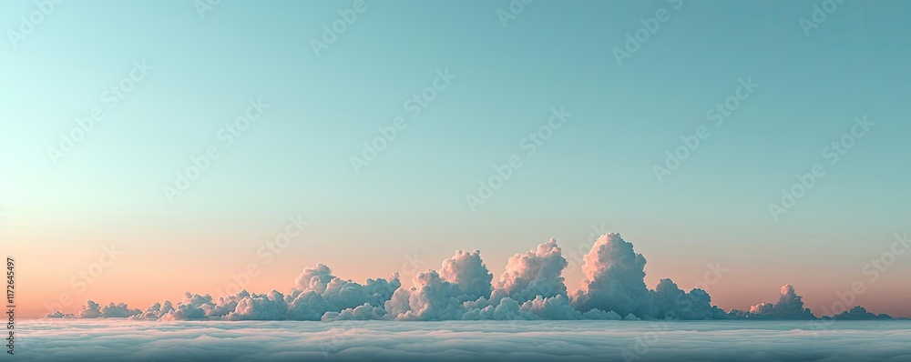 Poster minimal skies concept. a serene view of fluffy clouds against a pastel sky during sunset.
