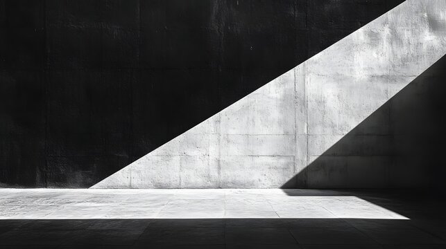 Abstract Black and White Backgrounds. A black and white photograph of a concrete wall, divided by a diagonal line of light and shadow, showcasing architectural minimalism.