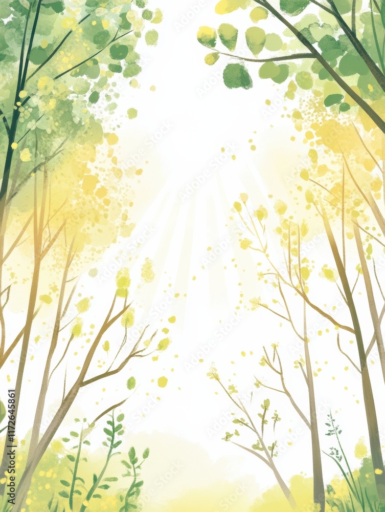 Poster Bright and cheerful doodle of a sunny forest with green leaves and soft hues, evoking a sense of playfulness and tranquility. Generative AI