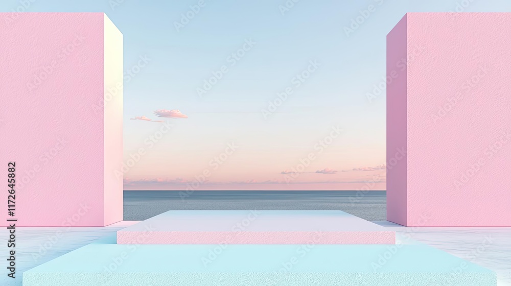 Poster minimal skies concept. minimalist architectural structures frame a serene seascape at sunset.