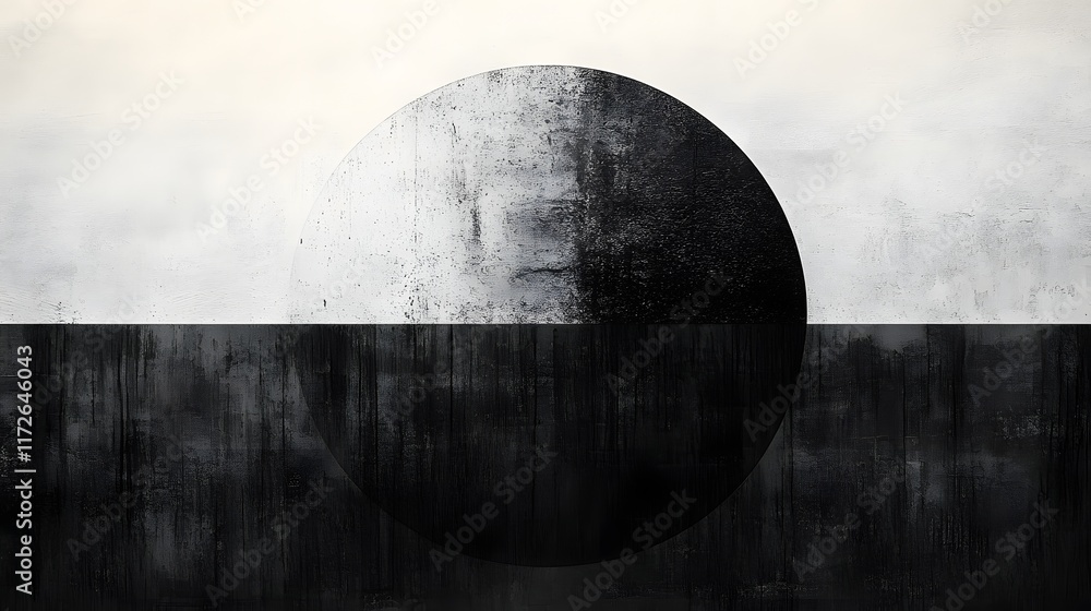 Poster abstract black and white backgrounds. abstract artwork featuring a large sphere divided into black a
