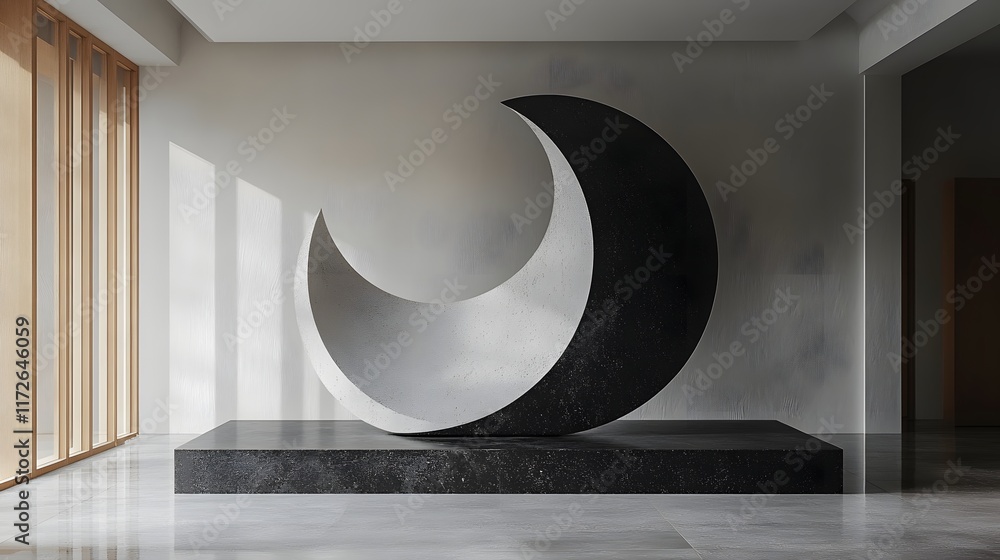 Poster abstract black and white backgrounds. a modern crescent moon sculpture displayed in a minimalist int