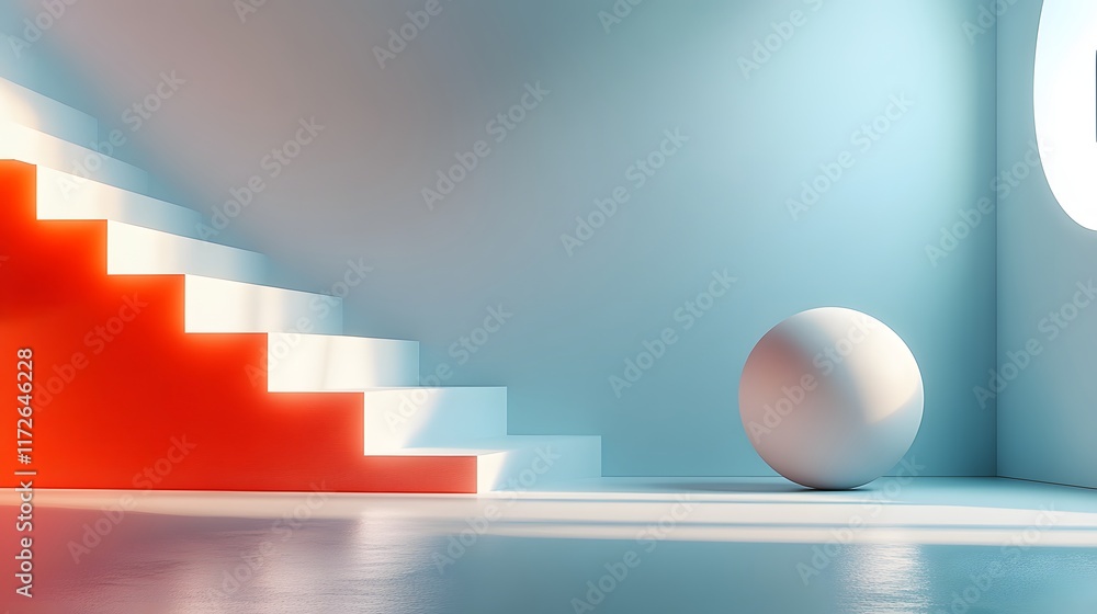 Poster a digitally rendered image showcasing a minimalist scene with red stairs and a white sphere in a lig