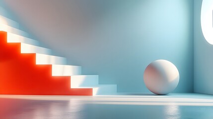 A digitally rendered image showcasing a minimalist scene with red stairs and a white sphere in a light blue room. The image offers a clean and modern aesthetic. Red Stairs and White Sphere