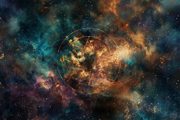Obraz premium Astrological abstract composition with zodiac circle in signs and symbols, abstract vivid composition consists of fictional unreal fantastic vision on background
