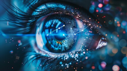 Close-Up of Human Eye with Digital Network Overlay and Glowing Particles