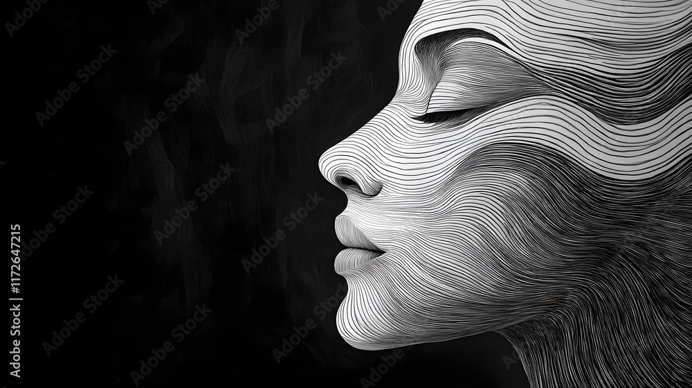 Poster abstract black and white backgrounds. a stylized monochrome portrait emphasizing lines and curves, c