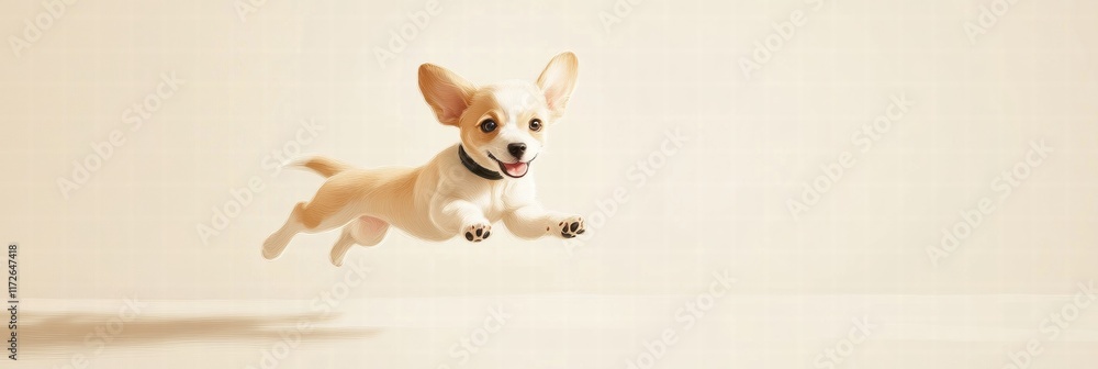 Aufkleber joyful puppy leaps in excitement against a soft golden background during a sunny afternoon playtime.