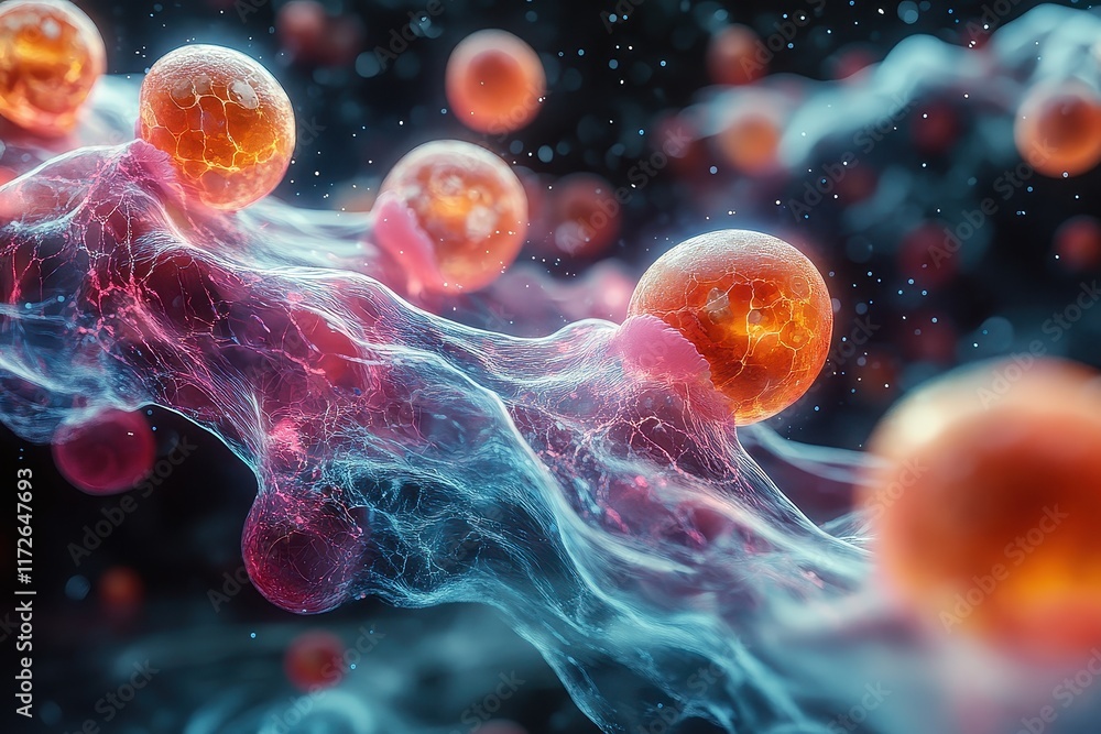 Poster colorful abstract representation of cells interacting in a fluid environment under a microscope