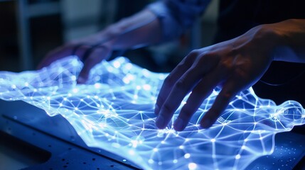 Hands Touching Holographic Digital Map Interface