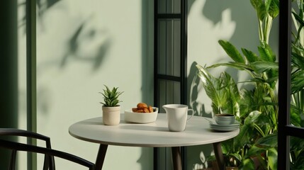 Fototapeta premium Cozy table setting with plants, snacks, and a beverage.
