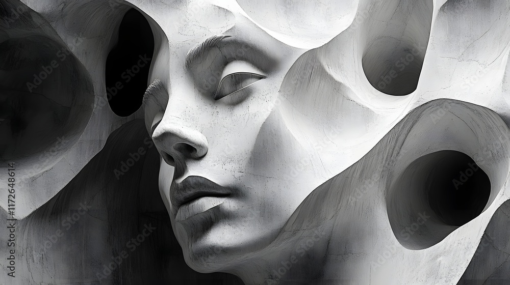 Poster abstract black and white backgrounds. a striking monochrome sculpture showcasing a woman's face emer