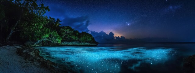 Naklejka premium An enchanting view of a bioluminescent lagoon aglow under a canopy of stars in a remote Caribbean island, Caribbean bioluminescent lagoon scene, Ethereal style
