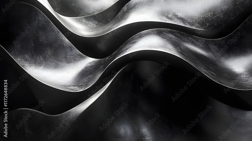 Poster Abstract Black and White Backgrounds. Abstract image of dark metal waves creating a visually captivating interplay of light and shadow. The focusabstract of flowing curves and textures.